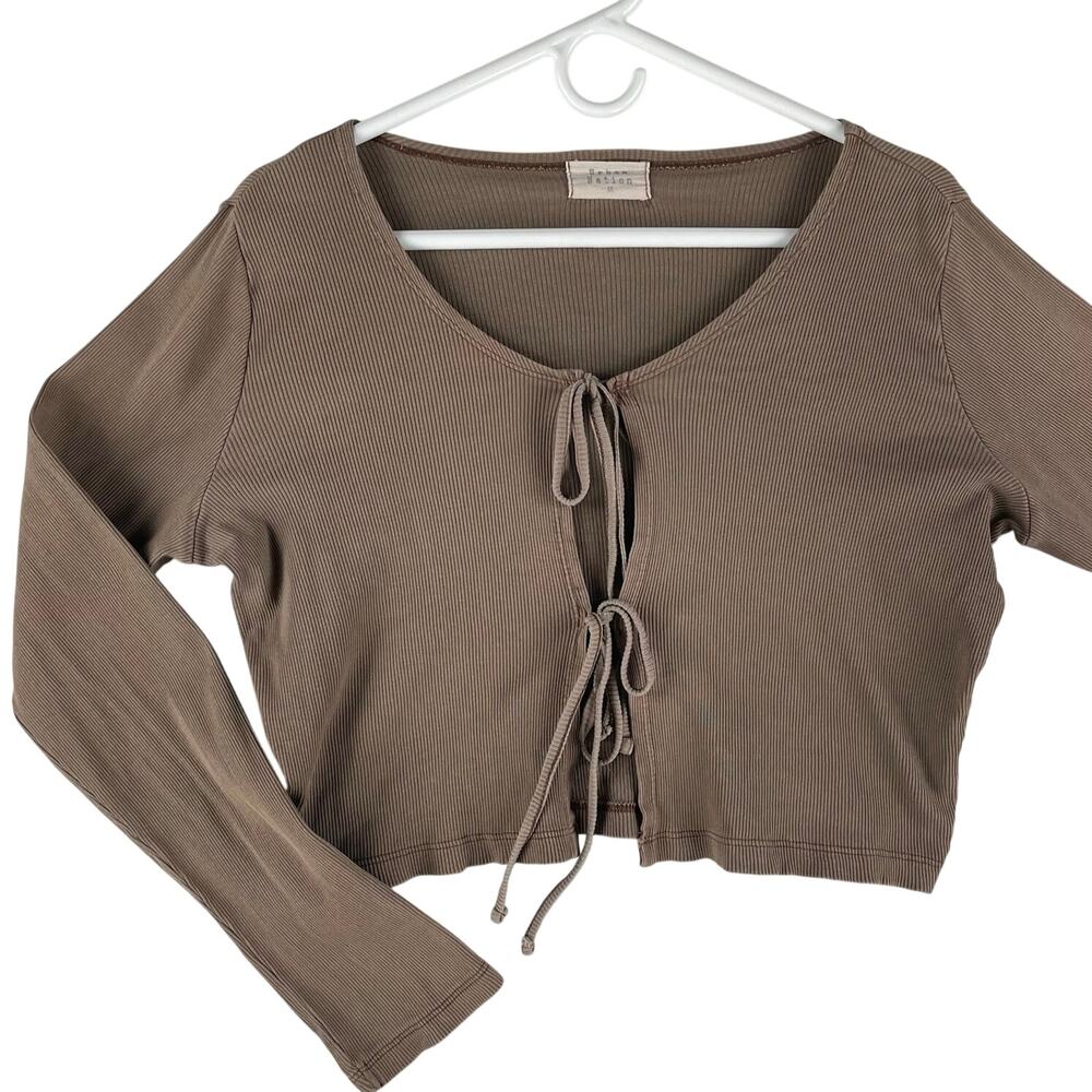Urban Nation Womens Ribbed Tie-Front Crop Top SZ M Brown Mocha Long Sleeve